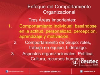 Enfoque del Comportamiento
Organizacional
Tres Áreas Importantes:
1. Comportamiento Individual: basándose
en la actitud, personalidad, percepción,
aprendizaje y motivación.
2. Comportamiento de Grupo: roles,
trabajo en equipo, Liderazgo.
3. Aspectos organizacionales: Política,
Cultura, recursos humanos.
 