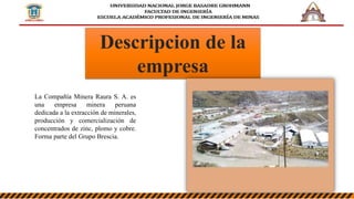 Descripcion de la
empresa
La Compañía Minera Raura S. A. es
una empresa minera peruana
dedicada a la extracción de mineral...