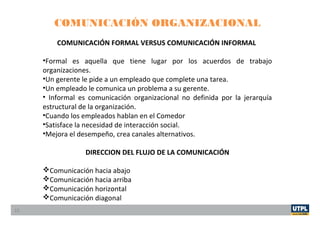 COMUNICACIÓN ORGANIZACIONAL
COMUNICACIÓN FORMAL VERSUS COMUNICACIÓN INFORMAL
•Formal es aquella que tiene lugar por los acuerdos de trabajo
organizaciones.
•Un gerente le pide a un empleado que complete una tarea.
•Un empleado le comunica un problema a su gerente.
• Informal es comunicación organizacional no definida por la jerarquía
estructural de la organización.
•Cuando los empleados hablan en el Comedor
•Satisface la necesidad de interacción social.
•Mejora el desempeño, crea canales alternativos.
DIRECCION DEL FLUJO DE LA COMUNICACIÓN
Comunicación hacia abajo
Comunicación hacia arriba
Comunicación horizontal
Comunicación diagonal
10
 