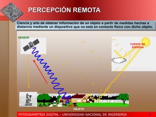 FOTOGRAMETRIA DIGITAL - UNIVERSIDAD NACIONAL DE INGENIERIA 3
PERCEPCIÓN REMOTA
OBJETO
FUENTE DE
ENERGIA
SENSOR
Ciencia y arte de obtener información de un objeto a partir de medidas hechas a
distancia mediante un dispositivo que no está en contacto físico con dicho objeto.
 