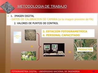 FOTOGRAMETRIA DIGITAL - UNIVERSIDAD NACIONAL DE INGENIERIA 49
METODOLOGIA DE TRABAJO
• 1. IMAGEN DIGITAL
ARCHIVO DE
CALIBRACION DE CAMARA
ENERO 2,002
RC-30
+
=
• 2. VALORES DE PUNTOS DE CONTROL
- DATOS DE CALIBRACION DE CAMARA (si la imagen proviene de FA)
3. ESTACION FOTOGRAMETRICA
4. PERSONAL CAPACITADO
PRODUCTOS
 