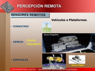 FOTOGRAMETRIA DIGITAL - UNIVERSIDAD NACIONAL DE INGENIERIA 5
Vehículos o Plataformas.
PERCEPCIÓN REMOTA
• TERRESTRES
• AÉREOS:
• ESPACIALES
Sensor Fotográfico
Sensor Digital
Aviones
Helicópteros
SENSORES REMOTOS
 