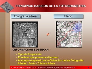 FOTOGRAMETRIA DIGITAL - UNIVERSIDAD NACIONAL DE INGENIERIA 8
PRINCIPIOS BASICOS DE LA FOTOGRAMETRIA
Fotografía aérea

- Tipo de Proyección
- El relieve que presenta el terreno
- Al equipo empleado en la Obtención de las Fotografía
Aéreas: Avión - Cámara Aérea
DEFORMACIONES DEBIDO A:
Plano
 