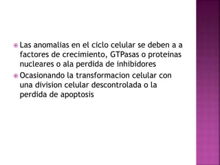 Las anomalias en el ciclo celular se deben a a
factores de crecimiento, GTPasas o proteinas
nucleares o ala perdida de inhibidores
 Ocasionando la transformacion celular con
una division celular descontrolada o la
perdida de apoptosis
 
