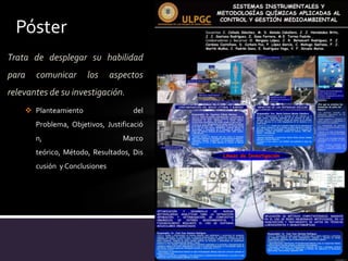 Póster
Trata de desplegar su habilidad
para   comunicar      los      aspectos
relevantes de su investigación.
     Planteamiento                  del
       Problema, Objetivos, Justificació
       n,                         Marco
       teórico, Método, Resultados, Dis
       cusión y Conclusiones
 