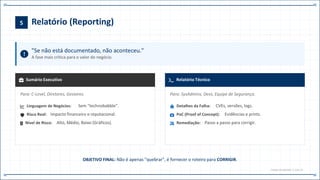 5 Relatório (Reporting)
"Se não está documentado, não aconteceu."
A fase mais crítica para o valor do negócio.
Sumário Executivo
Para: C-Level, Diretores, Gestores.
Linguagem de Negócios: Sem "technobabble".
Risco Real: Impacto financeiro e reputacional.
Nível de Risco: Alto, Médio, Baixo (Gráficos).
Relatório Técnico
Para: SysAdmins, Devs, Equipe de Segurança.
Detalhes da Falha: CVEs, versões, logs.
PoC (Proof of Concept): Evidências e prints.
Remediação: Passo a passo para corrigir.
OBJETIVO FINAL: Não é apenas "quebrar", é fornecer o roteiro para CORRIGIR.
PHASE.05.REPORT // CAP.14
 