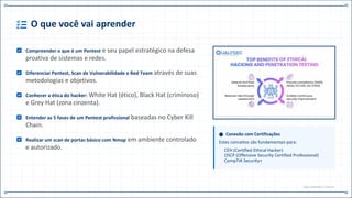 O que você vai aprender
Compreender o que é um Pentest e seu papel estratégico na defesa
proativa de sistemas e redes.
Diferenciar Pentest, Scan de Vulnerabilidade e Red Team através de suas
metodologias e objetivos.
Conhecer a ética do hacker: White Hat (ético), Black Hat (criminoso)
e Grey Hat (zona cinzenta).
Entender as 5 fases de um Pentest profissional baseadas no Cyber Kill
Chain.
Realizar um scan de portas básico com Nmap em ambiente controlado
e autorizado.
Conexão com Certificações
Estes conceitos são fundamentais para:
CEH (Certified Ethical Hacker)
OSCP (Offensive Security Certified Professional)
CompTIA Security+
OBJ.LEARNING // CAP.14
 