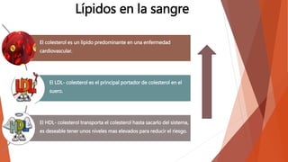 Lípidos en la sangre
El colesterol es un lípido predominante en una enfermedad
cardiovascular.
El LDL- colesterol es el principal portador de colesterol en el
suero.
El HDL- colesterol transporta el colesterol hasta sacarlo del sistema,
es deseable tener unos niveles mas elevados para reducir el riesgo.
 