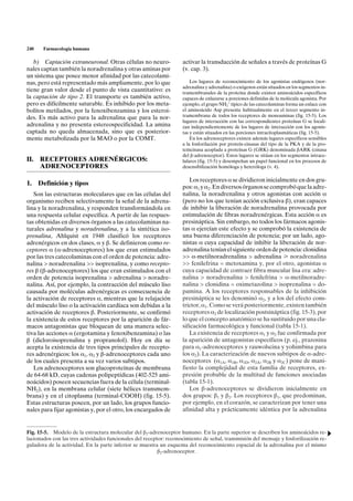 240    Farmacología humana

   b) Captación extraneuronal. Otras células no neuro-              activar la transducción de señales a través de proteínas G
nales captan también la noradrenalina y otras aminas por            (v. cap. 3).
un sistema que posee menor afinidad por las catecolami-
nas, pero está representado más ampliamente, por lo que                 Los lugares de reconocimiento de los agonistas endógenos (nor-
                                                                    adrenalina y adrenalina) o exógenos están situados en los segmentos in-
tiene gran valor desde el punto de vista cuantitativo: es           tramembranales de la proteína donde existen aminoácidos específicos
la captación de tipo 2. El transporte es también activo,            capaces de enlazarse a porciones definidas de la molécula agonista. Por
pero es difícilmente saturable. Es inhibido por los meta-           ejemplo, el grupo NH2+ típico de las catecolaminas forma un enlace con
bolitos metilados, por la fenoxibenzamina y los esteroi-            el aminoácido Asp presente habitualmente en el tercer segmento in-
des. Es más activo para la adrenalina que para la nor-              tramembrana de todos los receptores de monoaminas (fig. 15-5). Los
                                                                    lugares de interacción con las correspondientes proteínas G se locali-
adrenalina y no presenta estereospecificidad. La amina              zan independientemente de los lugares de interacción con los agonis-
captada no queda almacenada, sino que es posterior-                 tas y están situados en las porciones intracitoplasmáticas (fig. 15-5).
mente metabolizada por la MAO o por la COMT.                            En los adrenoceptores existen además lugares específicos sensibles
                                                                    a la fosforilación por proteín-cinasas del tipo de la PKA y de la pro-
                                                                    teíncinasa acoplada a proteínas G (GRK) denominada bARK (cinasa
                                                                    del b-adrenoceptor). Estos lugares se sitúan en los segmentos intrace-
II. RECEPTORES ADRENÉRGICOS:                                        lulares (fig. 15-5) y desempeñan un papel funcional en los procesos de
    ADRENOCEPTORES                                                  desensibilización homóloga y heteróloga (v. 4).

                                                                       Los receptores a se dividieron inicialmente en dos gru-
1. Definición y tipos
                                                                    pos: a1 y a2. En diversos órganos se comprobó que la adre-
   Son las estructuras moleculares que en las células del           nalina, la noradrenalina y otros agonistas con acción a
organismo reciben selectivamente la señal de la adrena-             (pero no los que tenían acción exclusiva b), eran capaces
lina y la noradrenalina, y responden transformándola en             de inhibir la liberación de noradrenalina provocada por
una respuesta celular específica. A partir de las respues-          estimulación de fibras noradrenérgicas. Esta acción a es
tas obtenidas en diversos órganos a las catecolaminas na-           presináptica. Sin embargo, no todos los fármacos agonis-
turales adrenalina y noradrenalina, y a la sintética iso-           tas a ejercían este efecto y se comprobó la existencia de
prenalina, Ahlquist en 1948 clasificó los receptores                una buena diferenciación de potencia; por un lado, ago-
adrenérgicos en dos clases, a y b. Se definieron como re-           nistas a cuya capacidad de inhibir la liberación de nor-
ceptores a (a-adrenoceptores) los que eran estimulados              adrenalina tenían el siguiente orden de potencia: clonidina
por las tres catecolaminas con el orden de potencia: adre-          >> a-metilnoradrenalina > adrenalina noradrenalina
nalina > noradrenalina >> isoprenalina, y como recepto-             >> fenilefrina = metoxamina y, por el otro, agonistas a
res b (b-adrenoceptores) los que eran estimulados con el            cuya capacidad de contraer fibra muscular lisa era: adre-
orden de potencia isoprenalina > adrenalina > noradre-              nalina > noradrenalina > fenilefrina > a-metilnoradre-
nalina. Así, por ejemplo, la contracción del músculo liso           nalina > clonidina = oximetazolina > isoprenalina = do-
causada por moléculas adrenérgicas es consecuencia de               pamina. A los receptores responsables de la inhibición
la activación de receptores a, mientras que la relajación           presináptica se les denominó a2, y a los del efecto cons-
del músculo liso o la activación cardíaca son debidas a la          trictor, a1. Como se verá posteriormente, existen también
activación de receptores b. Posteriormente, se confirmó             receptores a2 de localización postsináptica (fig. 15-3), por
la existencia de estos receptores por la aparición de fár-          lo que el concepto anatómico se ha sustituido por una cla-
macos antagonistas que bloquean de una manera selec-                sificación farmacológica y funcional (tabla 15-1).
tiva las acciones a (ergotamina y fenoxibenzamina) o las               La existencia de receptores a1 y a2 fue confirmada por
b (dicloroisoprenalina y propranolol). Hoy en día se                la aparición de antagonistas específicos (p. ej., prazosina
acepta la existencia de tres tipos principales de recepto-          para a1-adrenoceptores y rauwolscina y yohimbina para
res adrenérgicos: los a1, a2 y b-adrenoceptores cada uno            los a2). La caracterización de nuevos subtipos de a-adre-
de los cuales presenta a su vez varios subtipos.                    noceptores (a1A, a1B, a1D, a2A, a2B y a2C) pone de mani-
   Los adrenoceptores son glucoproteínas de membrana                fiesto la complejidad de esta familia de receptores, ex-
de 64-68 kD, cuyas cadenas polipeptídicas (402-525 ami-             presión probable de la multitud de funciones asociadas
noácidos) poseen secuencias fuera de la célula (terminal-           (tabla 15-1).
NH2), en la membrana celular (siete hélices transmem-                  Los b-adrenoceptores se dividieron inicialmente en
brana) y en el citoplasma (terminal-COOH) (fig. 15-5).              dos grupos: b1 y b2. Los receptores b1, que predominan,
Estas estructuras poseen, por un lado, los grupos funcio-           por ejemplo, en el corazón, se caracterizan por tener una
nales para fijar agonistas y, por el otro, los encargados de        afinidad alta y prácticamente idéntica por la adrenalina


Fig. 15-5. Modelo de la estructura molecular del b2-adrenoceptor humano. En la parte superior se describen los aminoácidos re-
lacionados con las tres actividades funcionales del receptor: reconocimiento de señal, transmisión del mensaje y fosforilización re-
guladora de la actividad. En la parte inferior se muestra un esquema del reconocimiento espacial de la adrenalina por el mismo
                                                          b2-adrenoceptor.
 