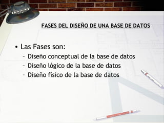 FASES DEL DISEÑO DE UNA BASE DE DATOS Las Fases son: Diseño conceptual de la base de datos Diseño lógico de la base de datos Diseño físico de la base de datos 