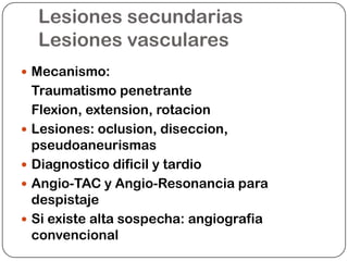 Lesiones secundarias
     Lesiones vasculares
 Mecanismo:
    Traumatismo penetrante
    Flexion, extension, rotacion
   Lesiones: oclusion, diseccion,
    pseudoaneurismas
   Diagnostico dificil y tardio
   Angio-TAC y Angio-Resonancia para
    despistaje
   Si existe alta sospecha: angiografia
    convencional
 