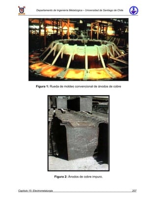Departamento de Ingeniería Metalúrgica – Universidad de Santiago de Chile
Capítulo 15: Electrometalurgia 207
Figura 1: Rueda de moldeo convencional de ánodos de cobre
Figura 2: Ánodos de cobre impuro.
 