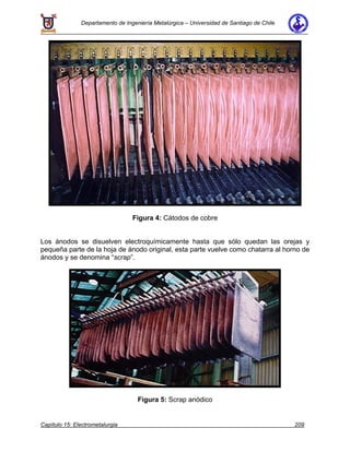Departamento de Ingeniería Metalúrgica – Universidad de Santiago de Chile
Capítulo 15: Electrometalurgia 209
Figura 4: Cátodos de cobre
Los ánodos se disuelven electroquímicamente hasta que sólo quedan las orejas y
pequeña parte de la hoja de ánodo original, esta parte vuelve como chatarra al horno de
ánodos y se denomina “scrap”.
Figura 5: Scrap anódico
 