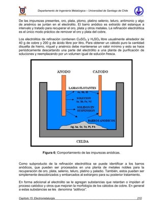 Departamento de Ingeniería Metalúrgica – Universidad de Santiago de Chile
Capítulo 15: Electrometalurgia 210
De las impurezas presentes, oro, plata, plomo, platino selenio, teluro, antimonio y algo
de arsénico se juntan en el electrolito. El barro anódico es extraído del estanque a
intervalo y tratado para recuperar el oro, plata y otros metales. La refinación electrolítica
es el único modo práctico de remover el oro y plata del cobre.
Los electrolitos de refinación contienen CuSO4 y H2SO4 libre usualmente alrededor de
40 g de cobre y 200 g de ácido libre por litro. Para obtener un cátodo puro la cantidad
disuelta de hierro, níquel y arsénico debe mantenerse un valor mínimo y esto se hace
periódicamente descartando una parte del electrólito a una planta de purificación de
soluciones y reemplazando por un volumen igual de solución fresca.
Figura 6: Comportamiento de las impurezas anódicas.
Como subproducto de la refinación electrolítica se puede identificar a los barros
anódicos, que pueden ser procesados en una planta de metales nobles para la
recuperación de oro, plata, selenio, teluro, platino y paladio. También, estos pueden ser
simplemente descobrizados y embarcados al extranjero para su posterior tratamiento.
En forma adicional al electrolito se le agregan substancias que retardan o impiden el
proceso catódico y otros que mejoran la morfología de los cátodos de cobre. En general
a estas substancias se les denomina “aditivos”.
 
