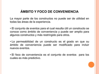 ÁMBITO Y FOCO DE CONVENIENCIA

La mayor parte de los constructos no puede ser de utilidad en
todas las áreas de la experiencia.

• El conjunto de eventos para el cual resulta útil un constructo se
conoce como ámbito de conveniencia y puede ser amplio para
algunos constructos y más restringido para otros.

• La permeabilidad de un constructo es el grado en que su
ámbito de conveniencia puede ser modificado para incluir
nuevos eventos.

• El foco de conveniencia es el conjunto de eventos para los
cuales es más predictivo.
 