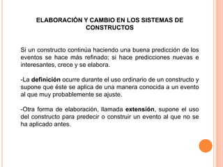 ELABORACIÓN Y CAMBIO EN LOS SISTEMAS DE
                 CONSTRUCTOS


Si un constructo continúa haciendo una buena predicción de los
eventos se hace más refinado; si hace predicciones nuevas e
interesantes, crece y se elabora.

-La definición ocurre durante el uso ordinario de un constructo y
supone que éste se aplica de una manera conocida a un evento
al que muy probablemente se ajuste.

-Otra forma de elaboración, llamada extensión, supone el uso
del constructo para predecir o construir un evento al que no se
ha aplicado antes.
 