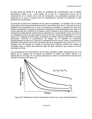 Tratamiento secundario
Unidad 3.97
El área entre las zonas D y B tiene un gradiente de concentración que va desde
ligeramente mayor a C0 - justo debajo de la zona B-, a ligeramente menor que la
concentración en el “techo” de la zona de compresión. Las velocidades colectivas de las
partículas en la zona C, llamada zona de espesamiento, decrecen en proporción a este
gradiente de concentración.
Al transcurrir el tiempo las interfases de las zonas se desplazan. La interfase C-D se mueve
hacia arriba conforme las partículas de la zona C caen dentro de la zona D. Tan pronto como el
gradiente de concentración en la zona C permanezca invariable, la amplitud de esta zona
también permanecerá constante y entonces la interfase B-C será desplazada hacia arriba a la
misma velocidad de la interfase C-D. Debido a que la interfase A-B se mueve hacia abajo a la
velocidad de sedimentación uniforme de las partículas en la concentración inicial, la zona B se
va reduciendo, tanto en la parte superior como en el fondo, hasta que desaparece (t= t3 en la
Figura 16.1). Después de este tiempo, la interfase A-C recién creada se sedimenta a una tasa
decreciente conforme la concentración de sólidos de la interfase se incrementa
progresivamente a partir de C0 (justo en la desaparición de la zona B), hasta la concentración
del estrato más alto de la zona de compresión justo en la desaparición de la zona C (t = t5). La
interfase A-D así formada se hundirá a una tasa lenta uniforme conforme los sólidos se
consolidan bajo su propio peso liberando algo del agua intersticial, que escapa a la zona
clarificada de arriba.
Las características de sedimentación de los lodos activados pueden representarse con una
gráfica de los registros de las alturas de interfase en función del tiempo, similar a la
sobrepuesta en la Figura 16.1. El efecto observado al variar la concentración inicial del lodo
activado se ilustra en la Figura 16.2.
Figura 16.2. Relaciones entre la concentración inicial y sus curvas de sedimentación.
 