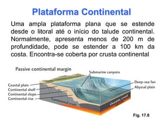 Plataforma Continental
Uma ampla plataforma plana que se estende
desde o litoral até o início do talude continental.
Normalmente, apresenta menos de 200 m de
profundidade, pode se estender a 100 km da
costa. Encontra-se coberta por crusta continental




                                           Fig. 17.8
 