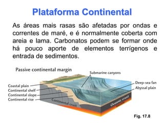 Plataforma Continental
As áreas mais rasas são afetadas por ondas e
correntes de maré, e é normalmente coberta com
areia e lama. Carbonatos podem se formar onde
há pouco aporte de elementos terrígenos e
entrada de sedimentos.




                                      Fig. 17.8
 