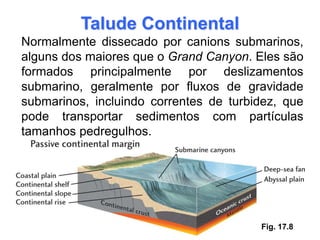 Talude Continental
Normalmente dissecado por canions submarinos,
alguns dos maiores que o Grand Canyon. Eles são
formados principalmente por deslizamentos
submarino, geralmente por fluxos de gravidade
submarinos, incluindo correntes de turbidez, que
pode transportar sedimentos com partículas
tamanhos pedregulhos.




                                        Fig. 17.8
 