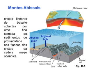 Montes Abissais

cristas lineares
de       basalto
cobertas      por
uma          fina
camada         de
sedimentos de Abyssal Abyssal
                        hills
profundidade      plain
nos flancos das
cristas        da
cadeia     meso
oceânica.


                                Fig. 17.5
 