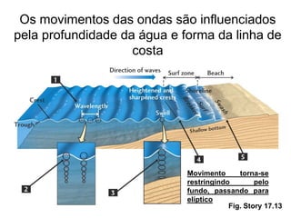Os movimentos das ondas são influenciados
pela profundidade da água e forma da linha de
                    costa




                             Movimento      torna-se
                             restringindo        pelo
                             fundo, passando para
                             elíptico
                                         Fig. Story 17.13
 