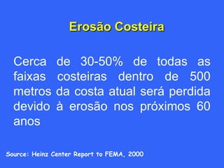 Erosão Costeira

  Cerca       de 30-50% de todas as
  faixas      costeiras dentro de 500
  metros      da costa atual será perdida
  devido      à erosão nos próximos 60
  anos

Source: Heinz Center Report to FEMA, 2000
 