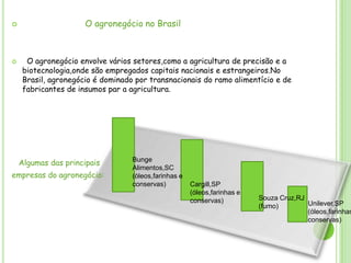 



O agronegócio no Brasil

O agronegócio envolve vários setores,como a agricultura de precisão e a
biotecnologia,onde são empregados capitais nacionais e estrangeiros.No
Brasil, agronegócio é dominado por transnacionais do ramo alimentício e de
fabricantes de insumos par a agricultura.

Algumas das principais
empresas do agronegócio:

Bunge
Alimentos,SC
(óleos,farinhas e
conservas)

Cargill,SP
(óleos,farinhas e
conservas)

Souza Cruz,RJ
Unilever,SP
(fumo)
(óleos,farinhas
conservas)

 