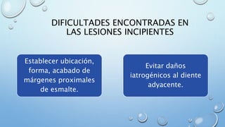DIFICULTADES ENCONTRADAS EN 
LAS LESIONES INCIPIENTES 
Establecer ubicación, 
forma, acabado de 
márgenes proximales 
de esmalte. 
Evitar daños 
iatrogénicos al diente 
adyacente. 
 