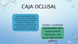 CAJA OCLUSAL 
Stein recomendó el bisel 
cóncavo para ser determinado 
en restauraciones metálicas 
indirectas y Heyman para 
restauraciones adhesivas, las 
cuales emplean una punta 
diamantada en forma de llama. 
Garber y Goldstein 
recomiendan para 
restauraciones 
indirectas, una 
punta diamantada 
esférica 
 