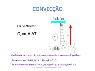 CONVECÇÃO

      Lei de Newton

      Q =α A ∆T



Coeficiente de convecção entre o ar e a parede em câmaras frigoríficas

Ar externo α= 29,0 W/m2.K (25 kcal/h.m2.ºC),
 Ar internoαvaria entre 8,15 e 17,45 W/m2.K (7 a 15 kcal/h.m2.ºC)
                       CURSO DE ENGENHARIA MECANICA 2013
 