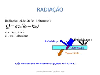 RADIAÇÃO



                                                            Emissividade
                            Refletida

                                                         Absorvida
                                                      Transmitida


cs→ Constante de Stefan-Boltzman (5,669 x 10-8 W/m2.K4)

                  CURSO DE ENGENHARIA MECANICA 2013
 