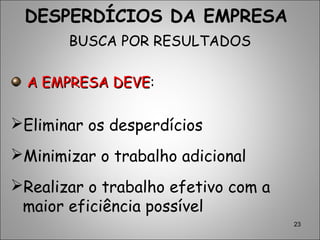 23
BUSCA POR RESULTADOS
A EMPRESA DEVEA EMPRESA DEVE:
Eliminar os desperdícios
Minimizar o trabalho adicional
Realizar o trabalho efetivo com a
maior eficiência possível
DESPERDÍCIOS DA EMPRESA
 