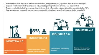 • Primera revolución industrial: referida a la mecánica, energía hidráulica, aparición de la máquina de vapor.
• Segunda revolución industrial: el avance estuvo dado por la producción en masa y la electricidad.
• Tercera revolución industrial: referida al surgimiento de la informática y automatización, aparición de las TIC’s.
• Cuarta revolución industrial: nuevos avances en robótica, inteligencia artificial, internet de las cosas (IoT).
 