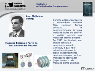 Capítulo 1
A Evolução dos Computadores

Alan Mathison
Turing

Máquina Enigma e Parte de
Seu Sistema de Rotores

Durante a Segunda Guerra
o matemático britânico
Alan
Mathison
Turing
conduziu
o
desenvolvimento de uma
maquina capaz de decifrar
o código secreto das
maquinas alemãs Enigma.
Em 1943, em Londres, sua
equipe concluiu o
desenvolvimento do
Colossus, o qual foi o
primeiro equipamento
digital especificamente
desenvolvido para decifrar
mensagens codificadas
(especialmente pela
máquina alemã Enigma).

 