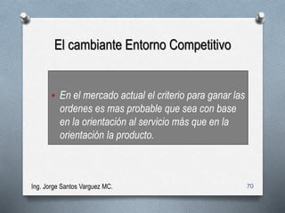 El cambiante Entorno Competitivo
 En el mercado actual el criterio para ganar las
ordenes es mas probable que sea con base
en la orientación al servicio más que en la
orientación la producto.
Ing. Jorge Santos Varguez MC. 70
 