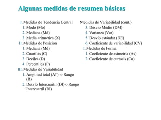 I. Medidas de Tendencia Central
1. Modo (Mo)
2. Mediana (Md)
3. Media aritmética (X)
II. Medidas de Posición
1. Mediana (Md)
2. Cuartiles (C)
3. Deciles (D)
4. Percentiles (P)
III. Medidas de Variabilidad
1. Amplitud total (AT) o Rango
(R)
2. Desvío Intercuartil (DI) o Rango
Intercuartil (RI)
Algunas medidas de resumen básicas
Algunas medidas de resumen básicas
Medidas de Variabilidad (cont.)
3. Desvío Medio (DM)
4. Varianza (Var)
5. Desvío estándar (DE)
6. Coeficiente de variabilidad (CV)
I. Medidas de Forma
1. Coeficiente de asimetría (As)
2. Coeficiente de curtosis (Cu)
 