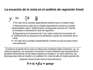 y = + x
La ecuación de la recta en el análisis de regresión lineal
Y= El valor de la variable dependiente predicho por el modelo lineal.
α= Representa el valor de la variable dependiente cuando la variable
independiente vale 0. Gráficamente corresponde al punto de Y donde
se emplaza o intersecta la recta de regresión.
β= Representa el incremento de Y por cada unidad de incremento de
X. Gráficamente se expresa en la pendiente o grado de inclinación de la
recta.
X = El valor de la variable independiente X sobre el cuál se quiere hacer
una predicción.
_______________________________________________________________
Cuando la ecuación de la recta se utiliza para modelizar datos empíricos, vg., la
recta de regresión, es necesario incorporar un factor aleatorio que representa los
posibles fluctuaciones de los datos respecto al modelo o, en otros términos, las
discrepancias entre el modelo y la realidad. En virtud de ello el modelo general de
regresión lineal simple asume esta estructura:
Y = α +β x + error
 