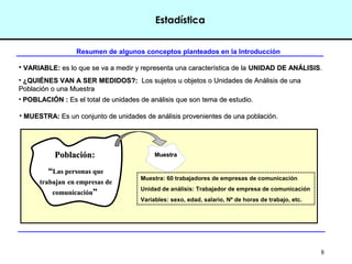 8
• VARIABLE:VARIABLE: es lo que se va a medir y representa una característica de laes lo que se va a medir y representa una característica de la UNIDAD DE ANÁLISISUNIDAD DE ANÁLISIS..
• ¿QUIÉNES VAN A SER MEDIDOS?:¿QUIÉNES VAN A SER MEDIDOS?: Los sujetos u objetos o Unidades de Análisis de unaLos sujetos u objetos o Unidades de Análisis de una
Población o una MuestraPoblación o una Muestra
• POBLACIÓN :POBLACIÓN : Es el total de unidades de análisis que son tema de estudio.Es el total de unidades de análisis que son tema de estudio.
Muestra: 60 trabajadores de empresas de comunicación
Unidad de análisis: Trabajador de empresa de comunicación
Variables: sexo, edad, salario, Nº de horas de trabajo, etc.
Población:Población:
““Las personas queLas personas que
trabajantrabajan en empresas deen empresas de
comunicacióncomunicación””
Estadística
• MUESTRA:MUESTRA: Es un conjunto de unidades de análisis provenientes de una población.Es un conjunto de unidades de análisis provenientes de una población.
MuestraMuestra
Resumen de algunos conceptos planteados en la Introducción
 