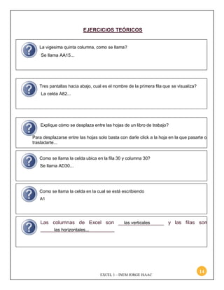 EXCEL 1 – INEM JORGE ISAAC
14
La vigesima quinta columna, como se llama?
Tres pantallas hacia abajo, cual es el nombre de la primera fila que se visualiza?
Explique cómo se desplaza entre las hojas de un libro de trabajo?
Como se llama la celda ubica en la fila 30 y columna 30?
Como se llama la celda en la cual se está escribiendo
EJERCICIOS TEÓRICOS
Las columnas de Excel son ________________ y las filas son
__________________________
Se llama AA15...
La celda A82...
Para desplazarse entre las hojas solo basta con darle click a la hoja en la que pasarte o
trasladarte...
Se llama AD30...
las verticales
las horizontales...
A1
 