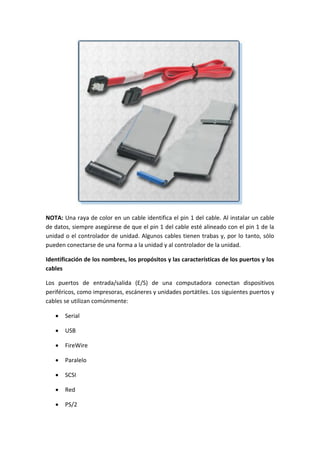 NOTA: Una raya de color en un cable identifica el pin 1 del cable. Al instalar un cable
de datos, siempre asegúrese de que el pin 1 del cable esté alineado con el pin 1 de la
unidad o el controlador de unidad. Algunos cables tienen trabas y, por lo tanto, sólo
pueden conectarse de una forma a la unidad y al controlador de la unidad.
Identificación de los nombres, los propósitos y las características de los puertos y los
cables
Los puertos de entrada/salida (E/S) de una computadora conectan dispositivos
periféricos, como impresoras, escáneres y unidades portátiles. Los siguientes puertos y
cables se utilizan comúnmente:
 Serial
 USB
 FireWire
 Paralelo
 SCSI
 Red
 PS/2
 
