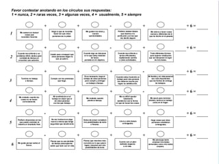 Este cuestionario consta de 55 declaraciones breves. Lea cuidadosamente cada una de ellas y decida cual le describe en forma más acertada. Sea honesto u honesta. La finalidad es obtener su perfil emprendedor, entre más cerca de la realidad sean sus respuestas más útil le será el resultado.Seleccione el número que corresponde para designar la medida en que la declaración lo describe:1=Nunca2=Raras veces3=Algunas veces4=Usualmente5=Siempre 30-May-1125/63