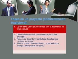 Fases de un proyecto (administración
tradicional)
  1. Optimismo General (Iniciamos con la esperanza de
     algo nuevo)

  2. Desorientación Inicial (No sabemos por donde
     empezar)
  3. Periodo de desorden incontrolado (los alcances
     cambian a menudo)
  4. Alarma y caos (no cumplimos con las fechas de
     entrega, presupuesto se agota)
 