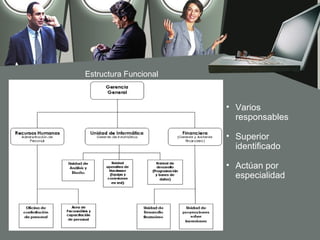 Estructura Funcional



                       • Varios
                         responsables

                       • Superior
                         identificado

                       • Actúan por
                         especialidad
 