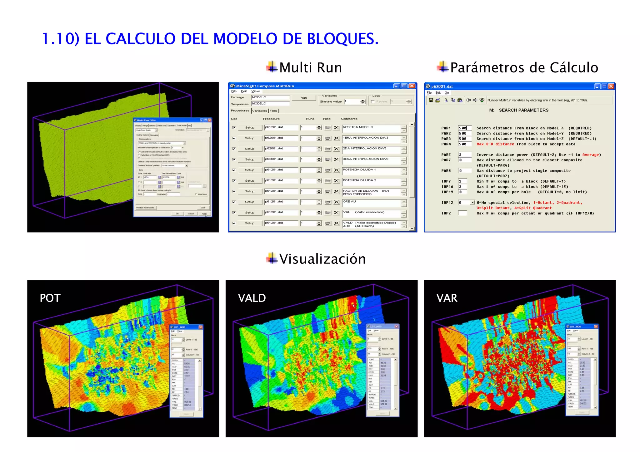 1.10) EL CALCULO DEL MODELO DE BLOQUES.
Multi Run
Visualización
Parámetros de Cálculo
POT VALD VAR
 