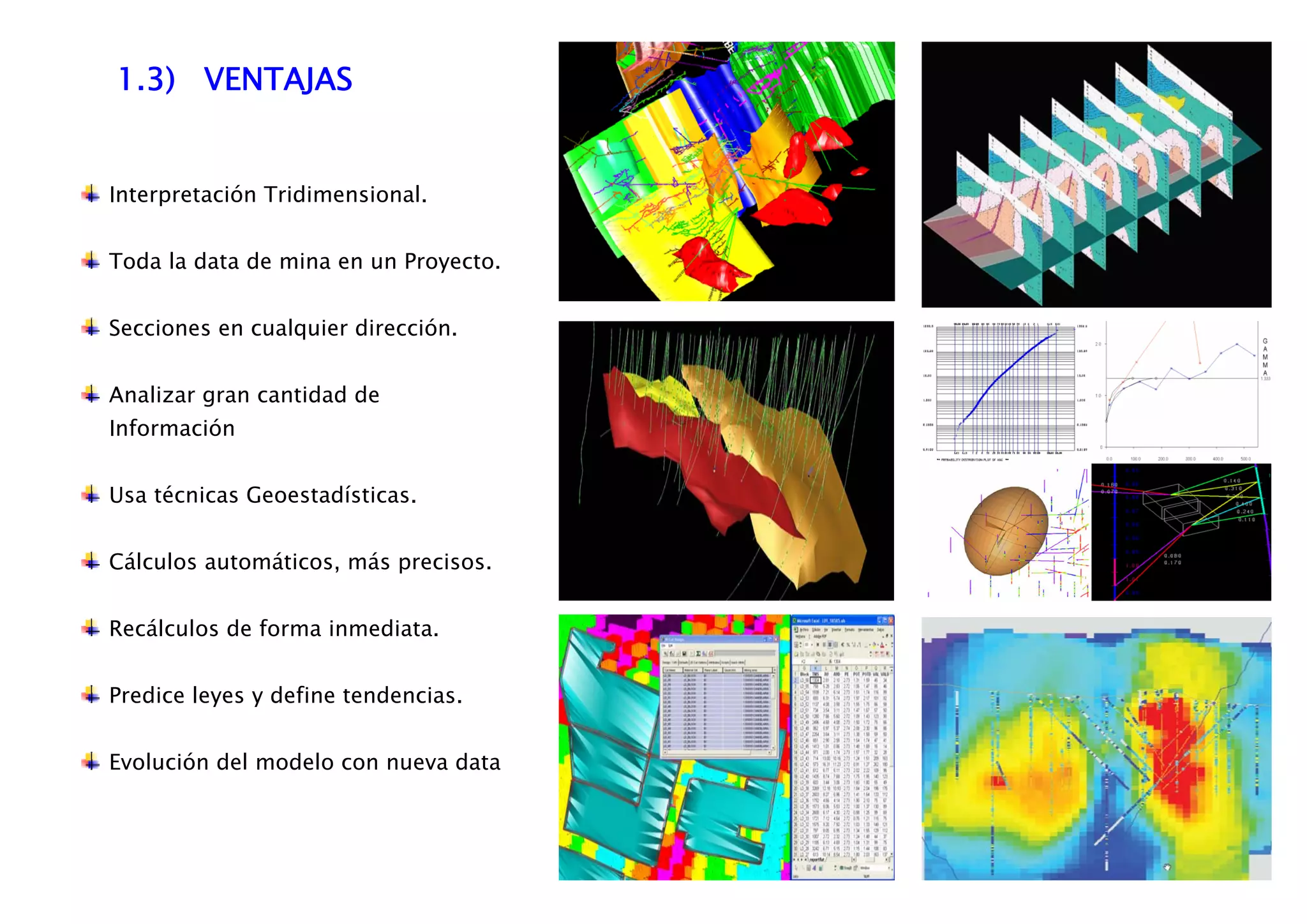 1.3) VENTAJAS
Interpretación Tridimensional.
Toda la data de mina en un Proyecto.
Secciones en cualquier dirección.
Analizar gran cantidad de
Información
Usa técnicas Geoestadísticas.
Cálculos automáticos, más precisos.
Recálculos de forma inmediata.
Predice leyes y define tendencias.
Evolución del modelo con nueva data
 