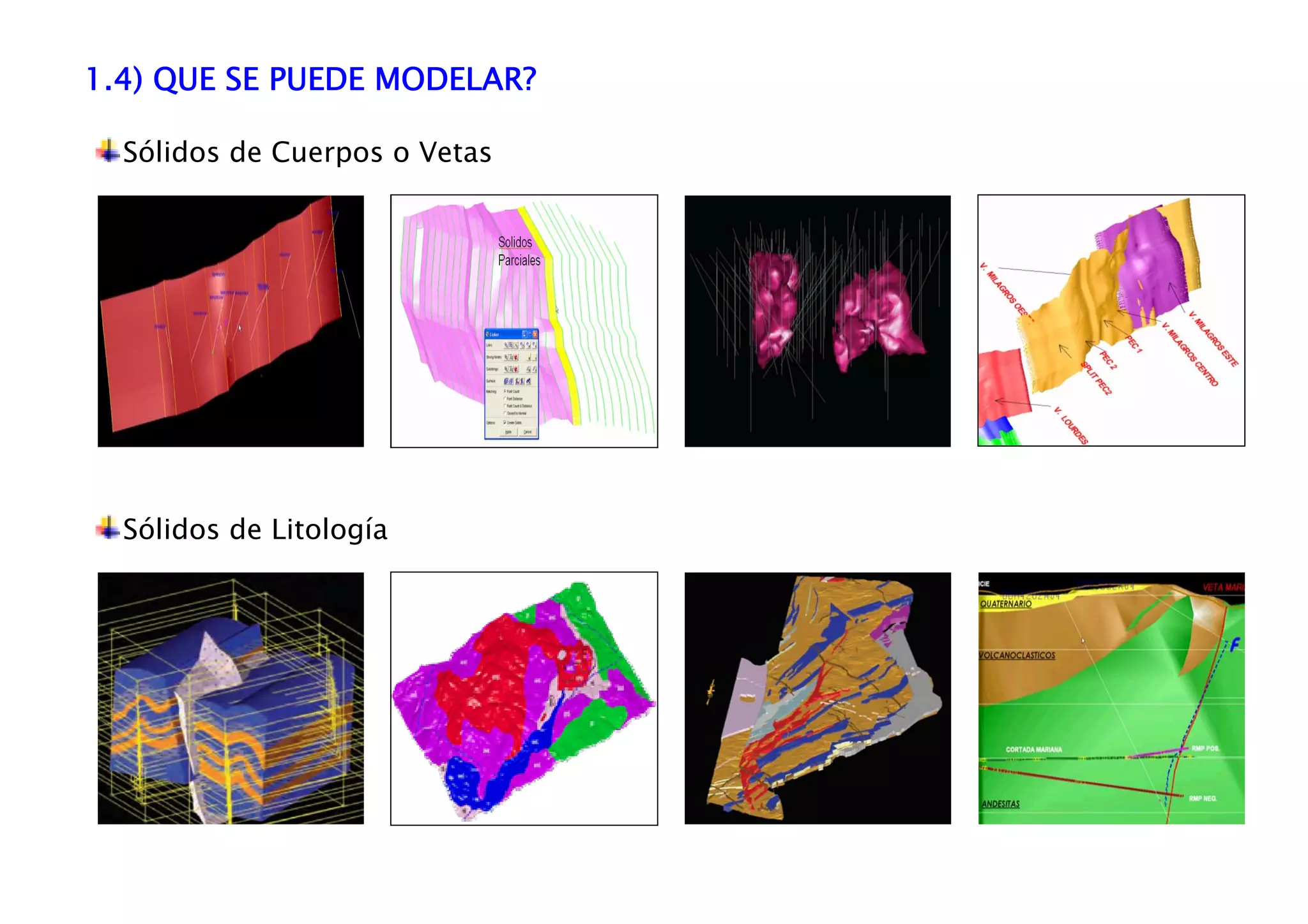 1.4) QUE SE PUEDE MODELAR?
Sólidos de Cuerpos o Vetas
Sólidos de Litología
 