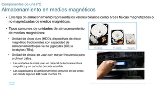 57
© 2016 Cisco y/o sus filiales. Todos los derechos reservados. Información confidencial de Cisco.
Componentes de una PC
Almacenamiento en medios magnéticos
 Este tipo de almacenamiento representa los valores binarios como áreas físicas magnetizadas o
no magnetizadas de medios magnéticos.
 Tipos comunes de unidades de almacenamiento
de medios magnéticos:
• Unidad de disco duro (HDD): dispositivos de disco
magnético tradicionales con capacidad de
almacenamiento que va de gigabytes (GB) a
terabytes (TBs).
• Unidad de cintas: se usan con mayor frecuencia para
archivar datos.
• Las unidades de cinta usan un cabezal de lectura/escritura
magnético y un cartucho de cinta extraíble.
• Las capacidades de almacenamiento comunes de las cintas
van desde algunos GB hasta muchos TB.
 