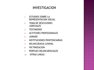 INVESTIGACIONESTUDIOS SOBRE LA REPRESENTACION SOCIALTOMA DE DESCICIONES JUDICIALES TESTIMONIO ACTITUDES PROFESIONALES JURADOINSTITUCIONES PENITENCIARIAS DELINCUENCIA JUVENILVICTIMIZACION PERFILES DELINCUENCIALES  OTRAS LINEAS 