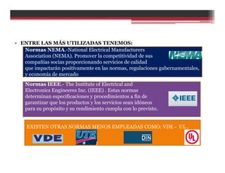 • ENTRE LAS MÁS UTILIZADAS TENEMOS:
Normas NEMA.-National Electrical Manufacturers
Association (NEMA). Promover la competitividad de sus
compañías socias proporcionando servicios de calidad
que impactarán positivamente en las normas, regulaciones gubernamentales,
y economía de mercado
Normas IEEE.- The Institute of Electrical and
Electronics Engineeres Inc. (IEEE) . Estas normas
determinan especificaciones y procedimientos a fin de
garantizar que los productos y los servicios sean idóneos
para su propósito y su rendimiento cumpla con lo previsto.
EXISTEN OTRAS NORMAS MENOS EMPLEADAS COMO: VDE - UL .
 